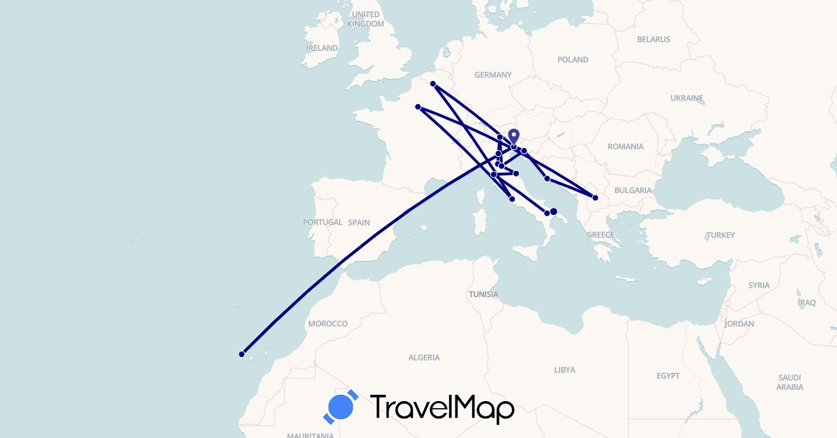TravelMap itinerary: driving in Belgium, Spain, France, Croatia, Italy, Macedonia (Europe)